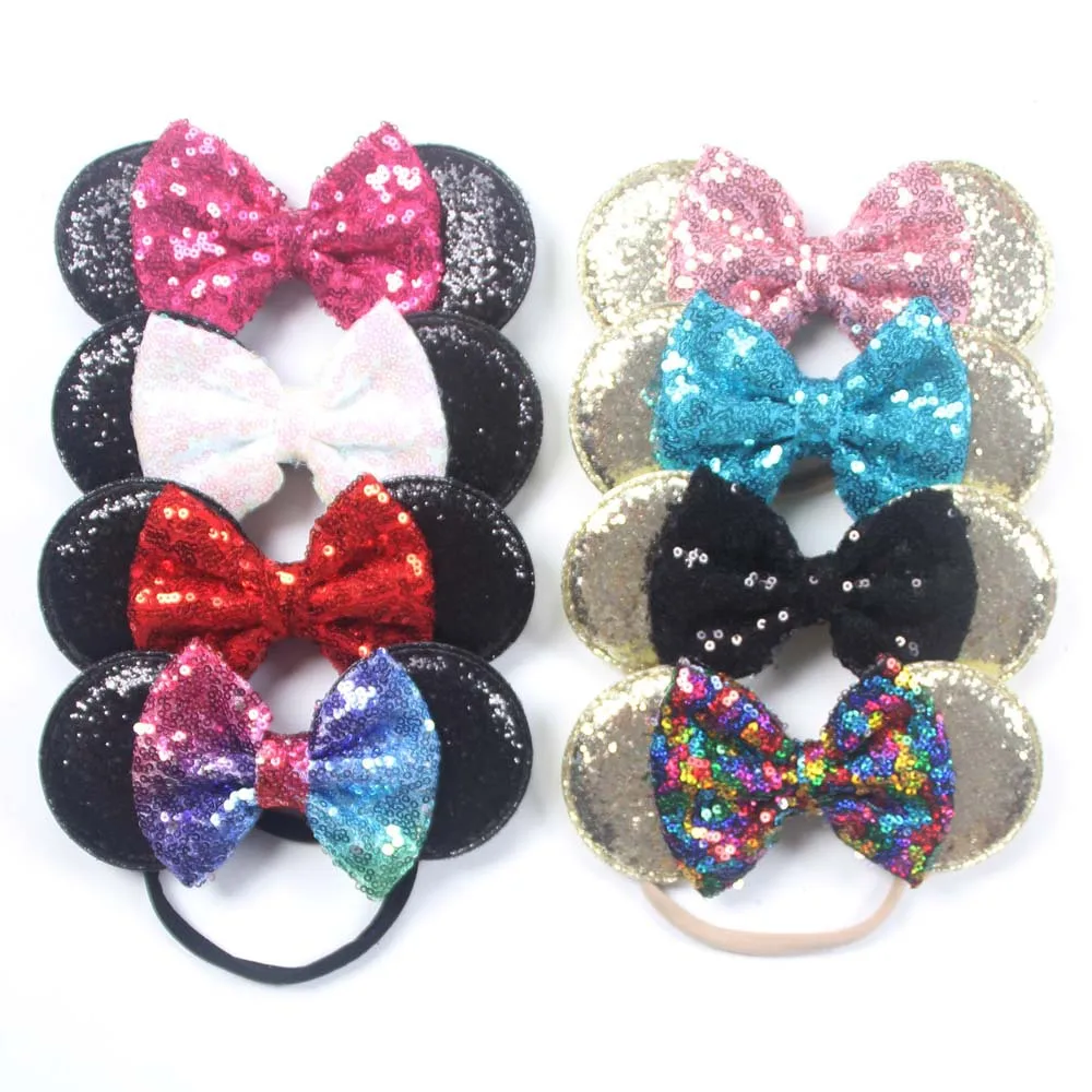 

1ps Cute Kids Sequin Bowknot Bows Mouse Ear Style Hair Band Nylon Headband For Newborn Girls Hair Accessories