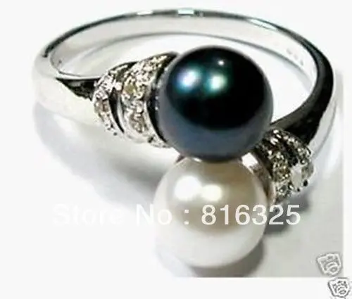 

FREE SHIPPINGaStunning Jewellery double black white pearl women's ring size:7-8