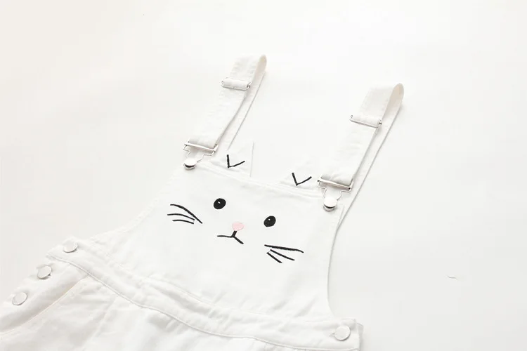 Women Cute Cat Embroidery Jeans Dress Spaghetti Strap Suspender Dress Overalls Black White Casual Dress Vestidos