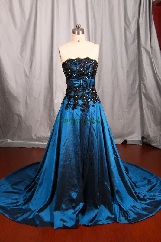 black lace and dark blue taffeta wedding dress with