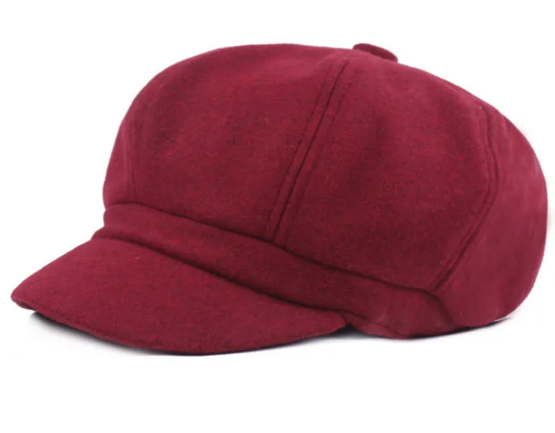 Которая в душевой шерсти женская шапка однотонная теплая зимняя плоская кепка для женщин snapback кепка газетчика винтажная Кепка с острым носком bone fashion gorras - Цвет: wine red