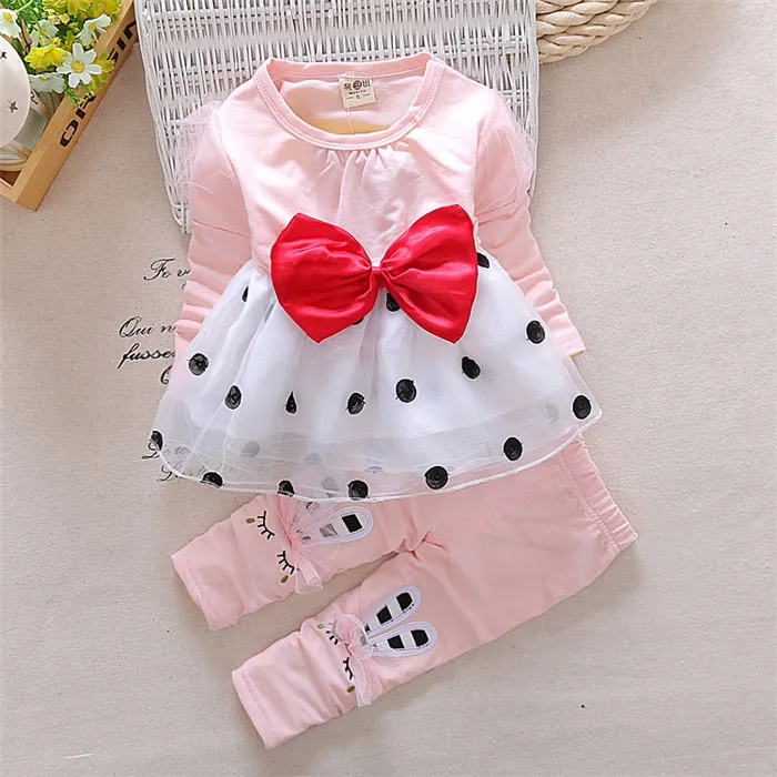 Новая весенне-Осенняя детская одежда для маленьких девочек костюм из двух предметов с длинными рукавами и бантом детская одежда для младенцев - Цвет: Розовый