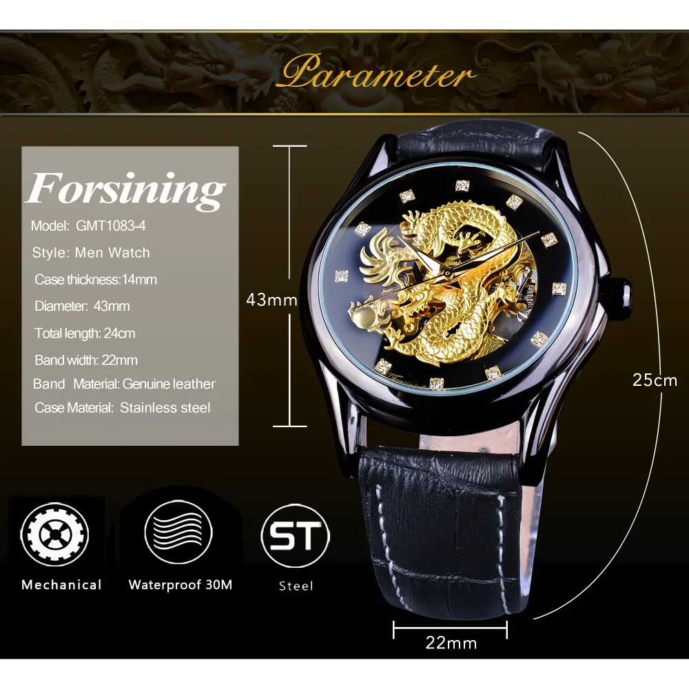 Forsining китайский дракон дизайн Алмазный циферблат черный золотой мужские часы светящиеся стрелки лучший бренд класса люкс водонепроницаемые механические часы