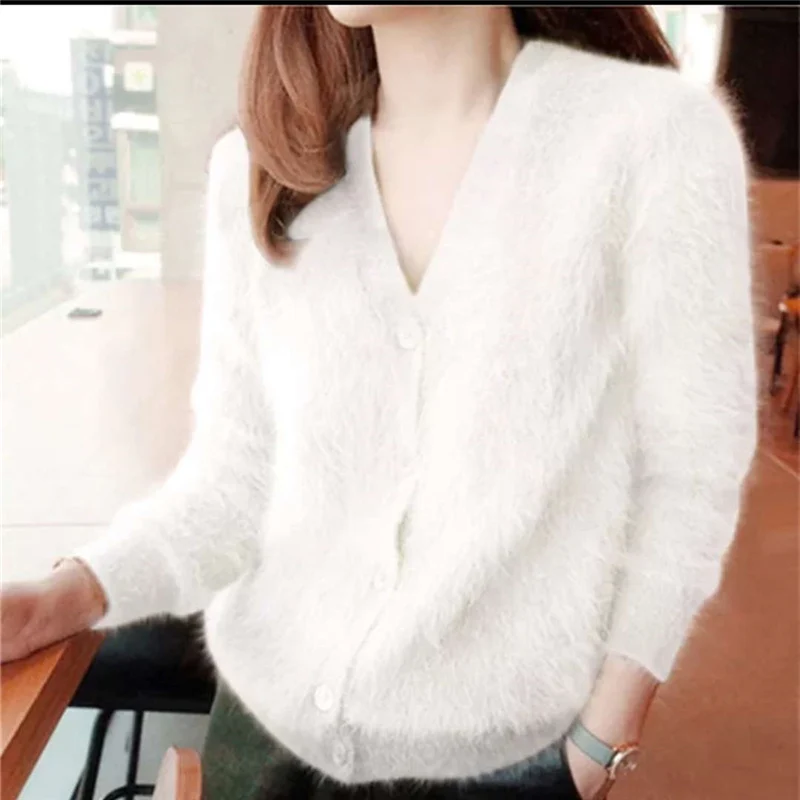 JSXDHK новейшая мода женский норковый кашемировый свитер кардиганы Корейский Зимний серый толстый однобортный вязаный сексуальный жакет с v-образным вырезом - Цвет: Белый