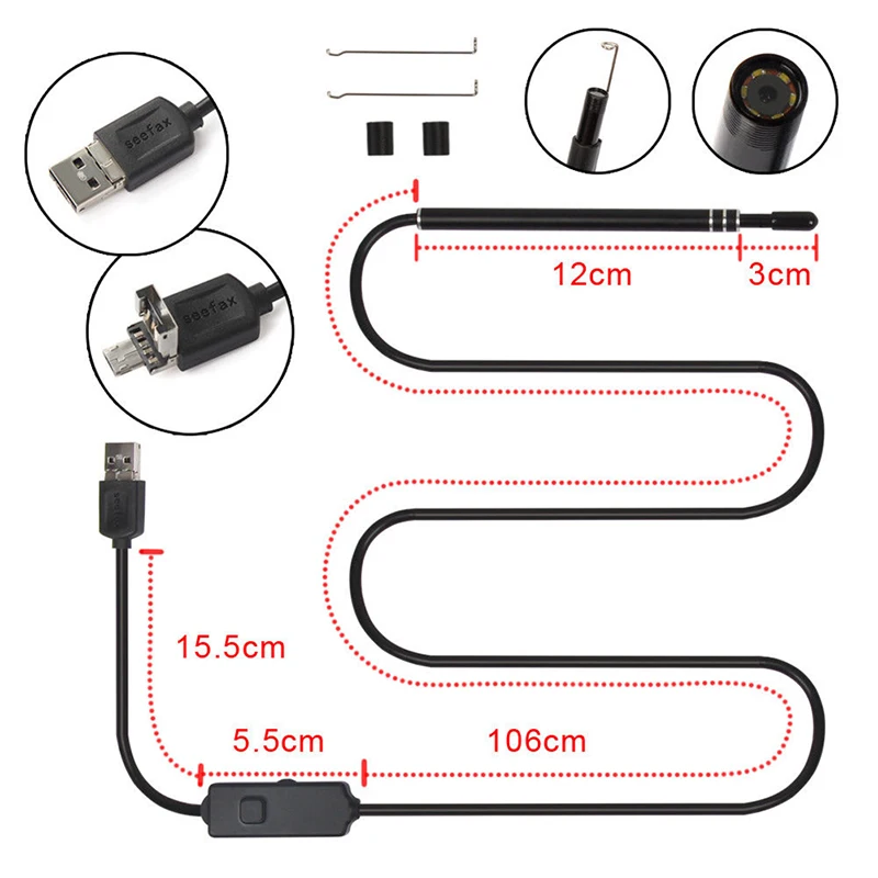 Ear Otoscope мегапикселя Ear Scope Инспекционная камера 3 в 1 USB Ear цифровой эндоскоп Earwax инструмент для очищения кожи с 6led