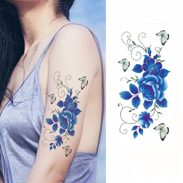 Blue Rose Tattoos On Back Shoulder