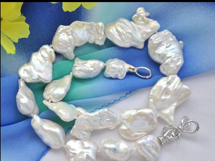 

Free shipping@@@@@ A>z6817 Big 100% natural 35mm white baroque KESHI REBORN PEARL NECKLACE 18inch a