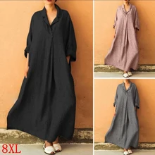 Large Size Women’s Dress Cotton And Linen Plus Size 5XL 6XL 7XL 8XL Summer Long Sleeve Casual Loose Large Size Black Robe
