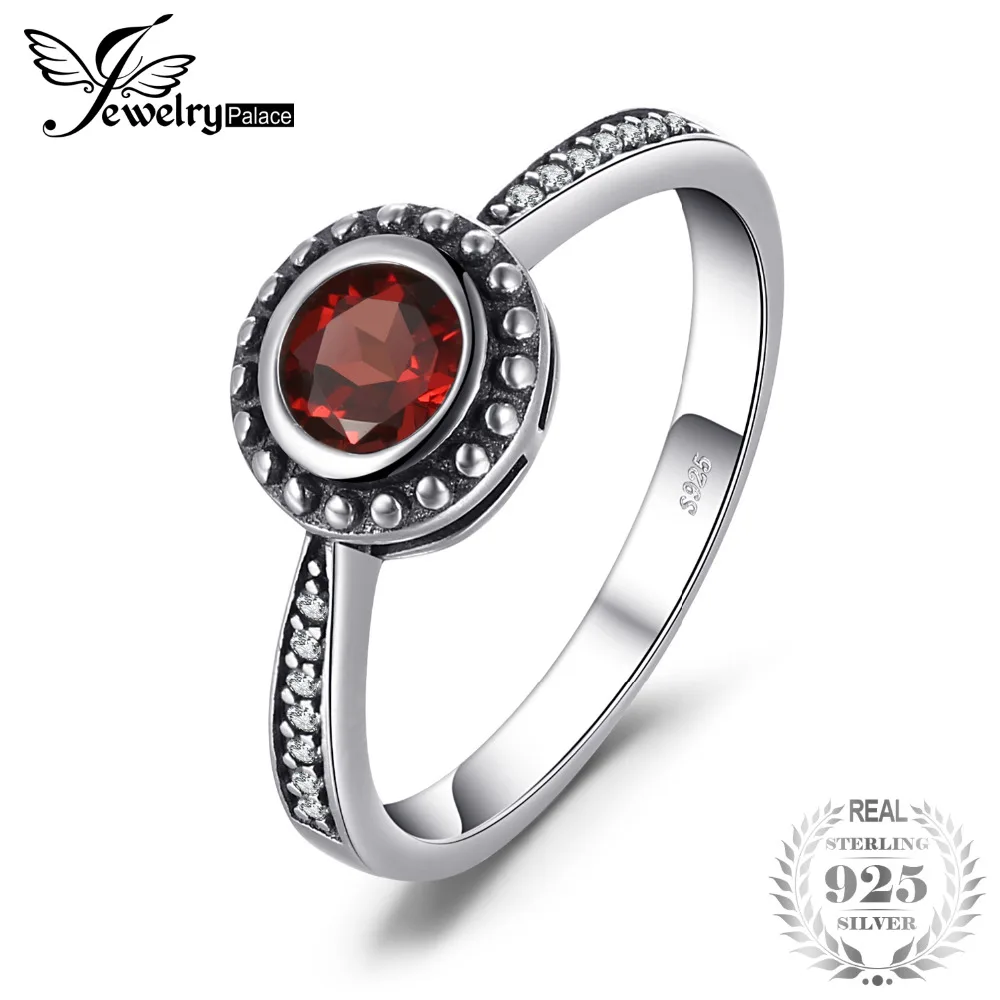 

JewelryPalace Vintage 0.6ct Genuine Garnet Solitaire Ring For Women 100% 925 Sterling Silver Engagement Wedding Fine Jewelry