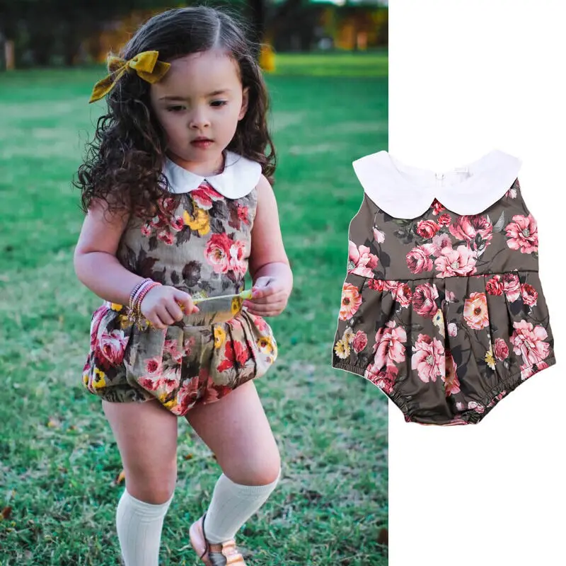 

0-24M Toddler Kids Baby Girl Floral Bodysuit Turn Down Collar Jumpsuit Clothes Outfits Sunsuit
