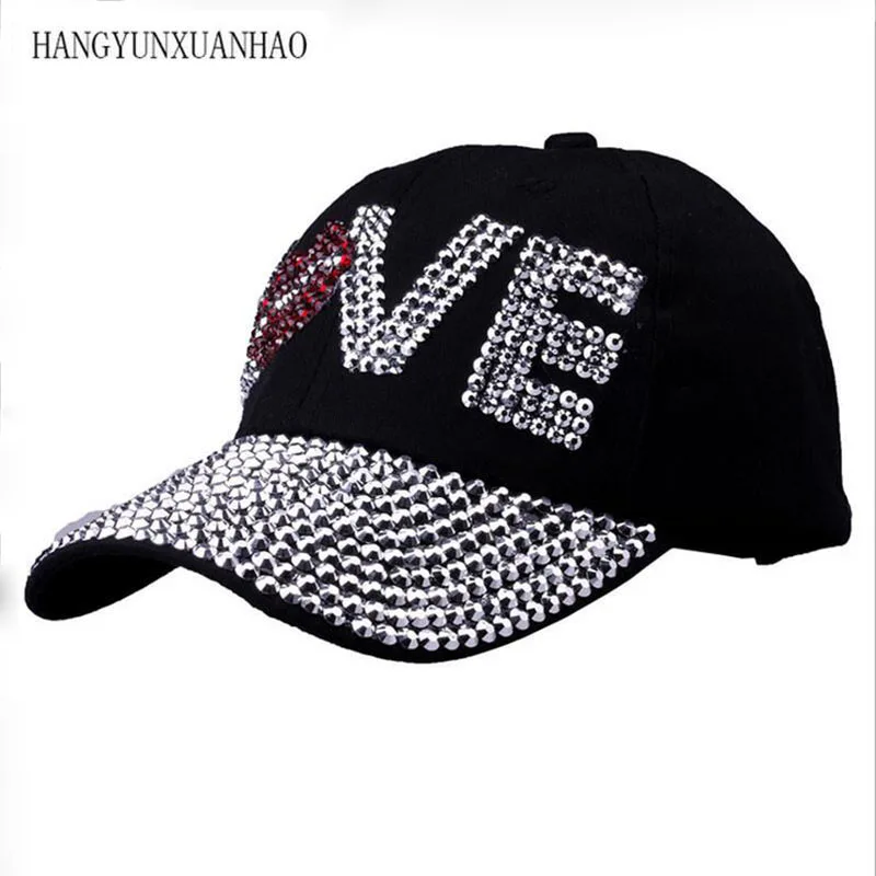 

Wholesale Bling Diamond Brilliant Glass Denim Caps Women LOVE Baseball Cap Men Summer Sun Hat Rhinestone 1 pcs/lot