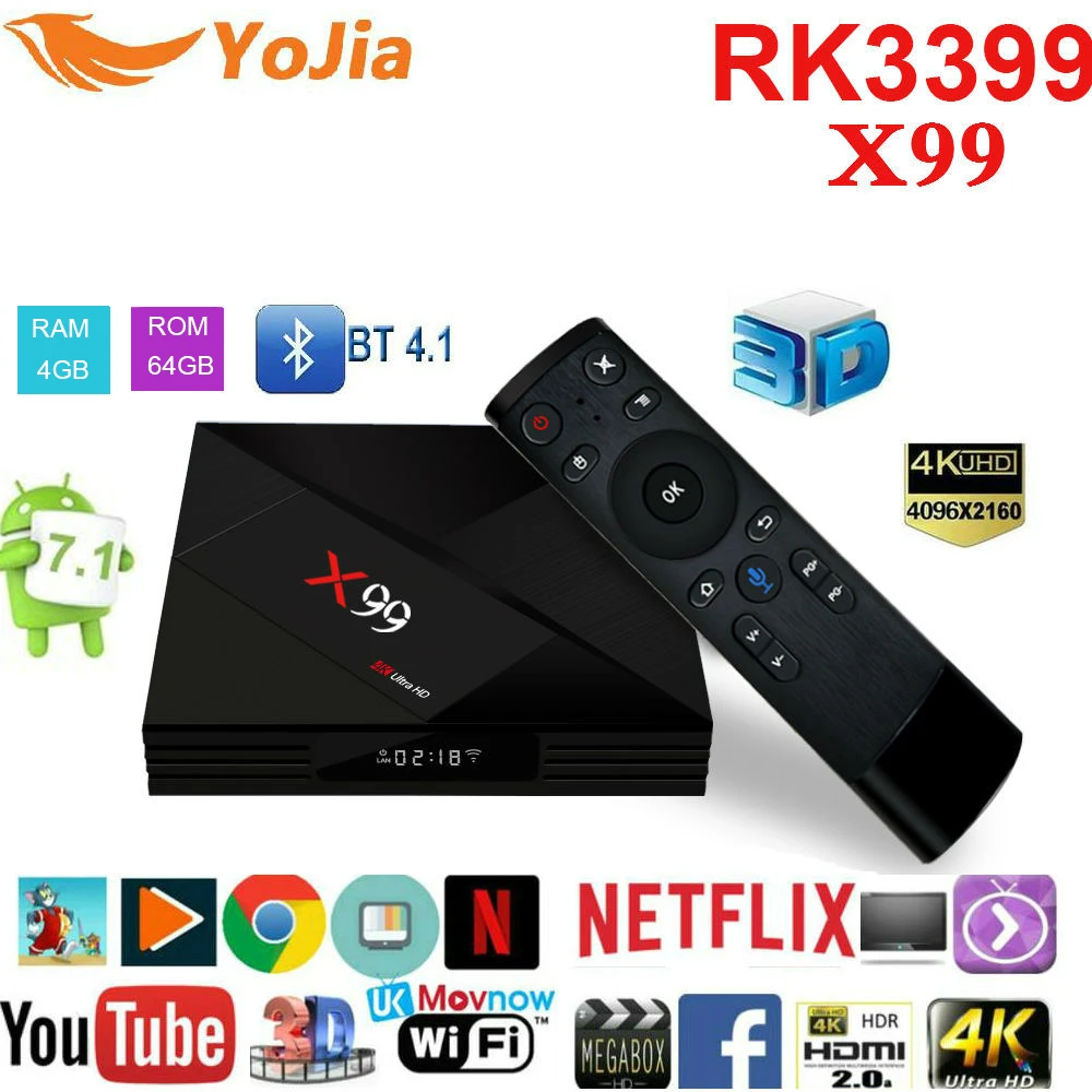 

Yojia 4GB 64GB Rockchip RK3399 4K Smart Android 7.1 TV BOX X99 Voice remote 2.4G/5G Dual WIFI BT4.1 set top box X99 Media Player