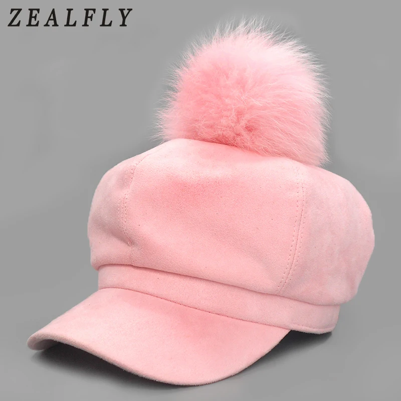 

Solid Suede Fox Fur Ball Newsboy Caps Pink Pom Poms Winter Octagonal Hat For Women Retro Luxury Design Cap Casual Beret