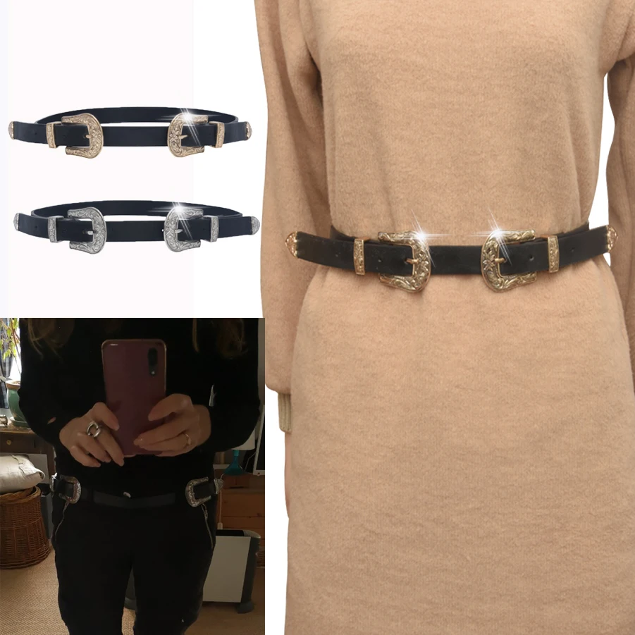 

Carved Double Metal Pin Buckle Women Belts Vintage High Quality Brand Designer Belts Jeans PU Leather Belts for Women Straps