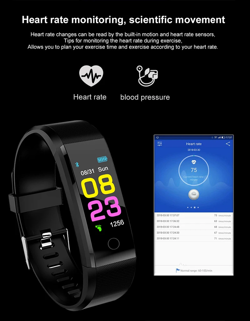 Мода Здоровье 115 плюс умный Браслет Спорт Bluetooth браслет монитор сердечного ритма часы фитнес-трекер Смарт-браслет