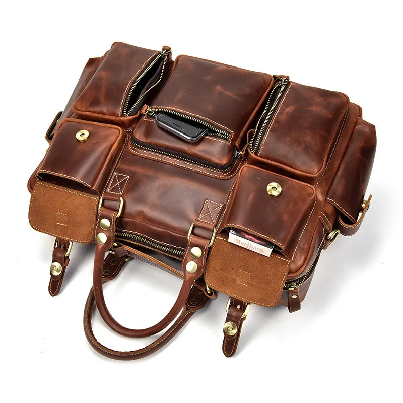 PNDME retro high quality genuine leather men's briefcase large capacity laptop bag cowhide multi pocket travel messenger bags