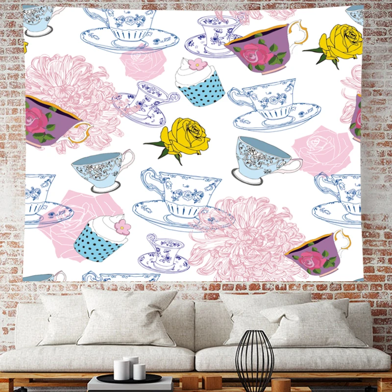 

Cute icecream rose cartoon wall hanging Afternoon tea Tapestries kids room tapestry sketch cup pink Wall carpet wall cloth Decor