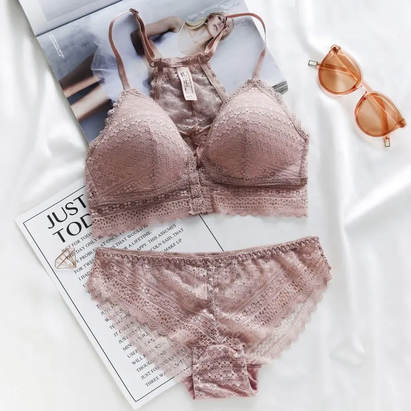 

Women Push Up Padded Bras Front Closure Bra Set Lace Mesh Seamless Lace Hollow Panties Female Underwear Lingerie Set
