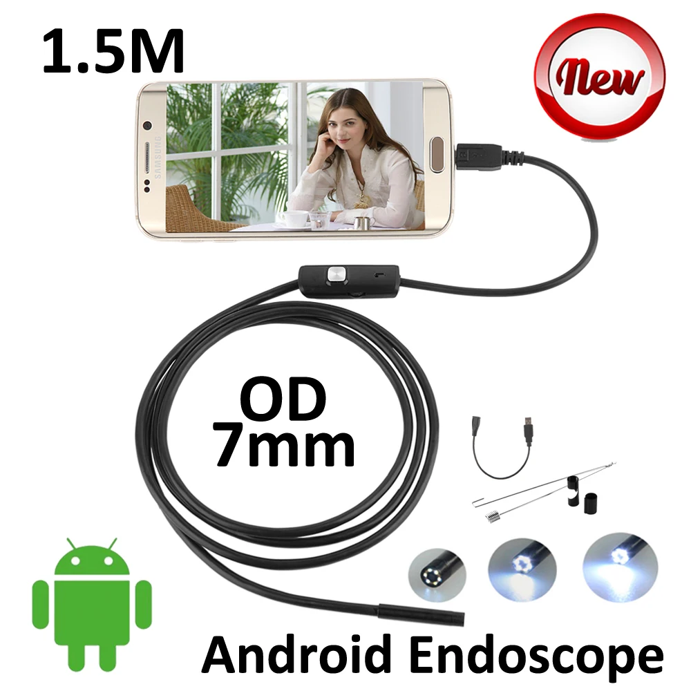 

5PCS/lot 7mm lens Android USB Endoscope Camera 1.5M IP67 Waterproof Snake USB Inspection Borescope Andoird OTG USB Camera 6LED