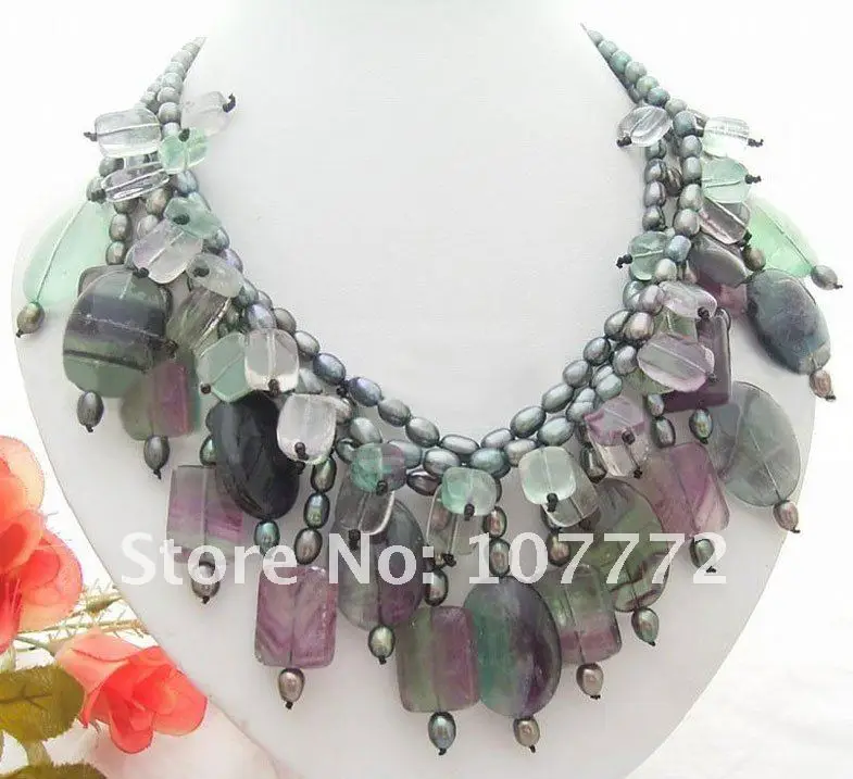

Women's Hand-Made Semi-Stone 3Strds Black Pearl&Purple Fluorite Necklace