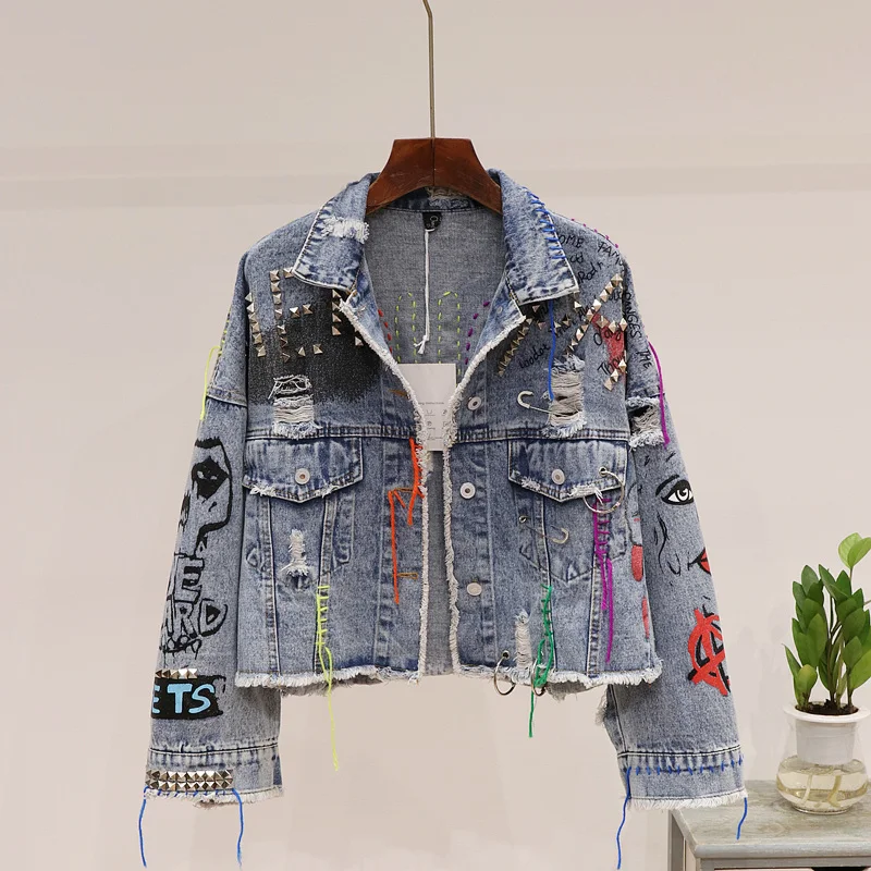Graffiti Denim Jacket Women Basic Coat Short Rivet Jeans Autumn Casual Loose Streetwear Tassel Outwear | Женская одежда