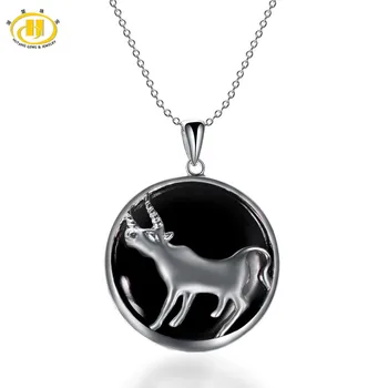 

Hutang Taurus Zodiac Pendant Natural Black Jade 23mm Solid 925 Sterling Silver Necklace Women's Men's Fine Jewelry Birthday