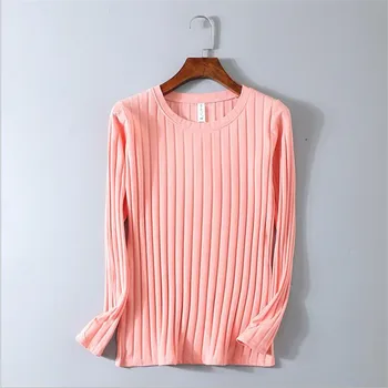 

Spring Thin Women's 95% Cotton Striped Solid Color Long-sleeved T-shirt Female M-3XL Super Elastic Slim O-neck Girls Tops Tee
