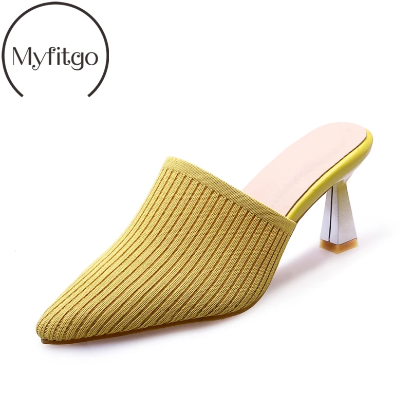 

Myfitgo Plus Size 35-43 Women Slippers Spring Autumn Pointed Toe Slides on 8cm High Heels Ladies Casual Shoes Stretch Fabric New