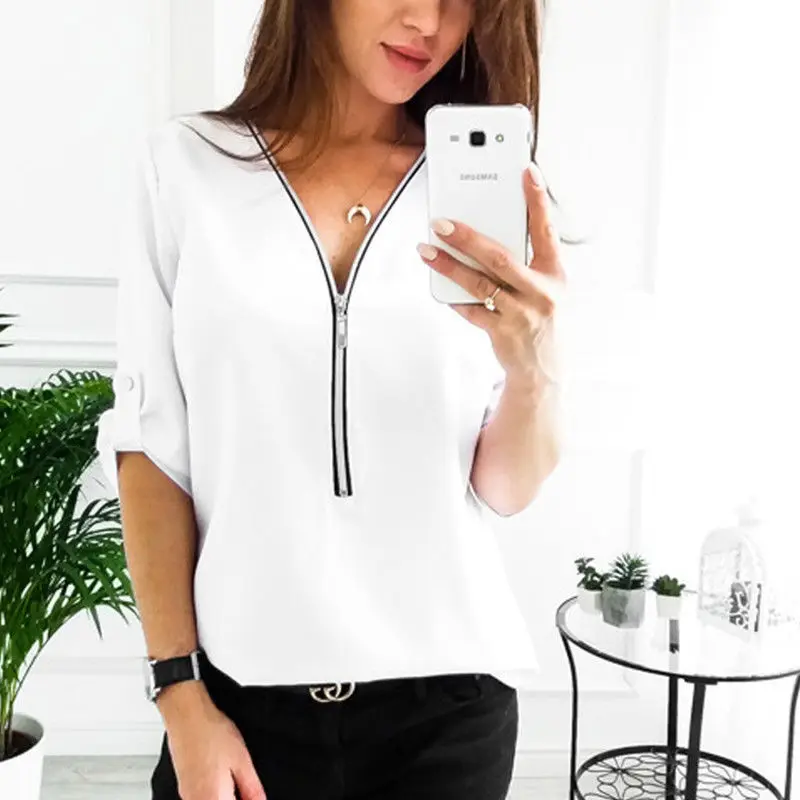 

LAKESHI Women Spring Summer Chiffon Blouse Top 2019 V Collar Zipper Roll Up Long Sleeves Loose Shirt Blusa Feminina Big Size 5XL
