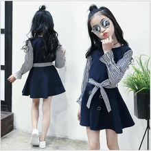 Осеннее платье для девочек школьная форма темно-синего цвета с длинными рукавами, Полосатое платье принцессы для свадебной вечеринки модная одежда для маленьких девочек