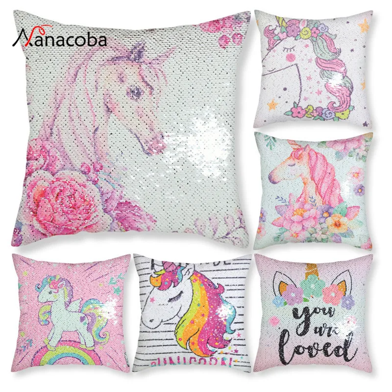 

Nanacoba Magical Shining Unicorn Cushion Cover with Sequins Double Pattern Changing Pillow Case Cover for Seat Car