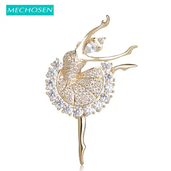 

MECHOSEN Beautiful Ballet Girl Brass Brooches Shiny Full Cubic Zirconia Gold Color hijab pins Accessories Graceful Dancer ouija