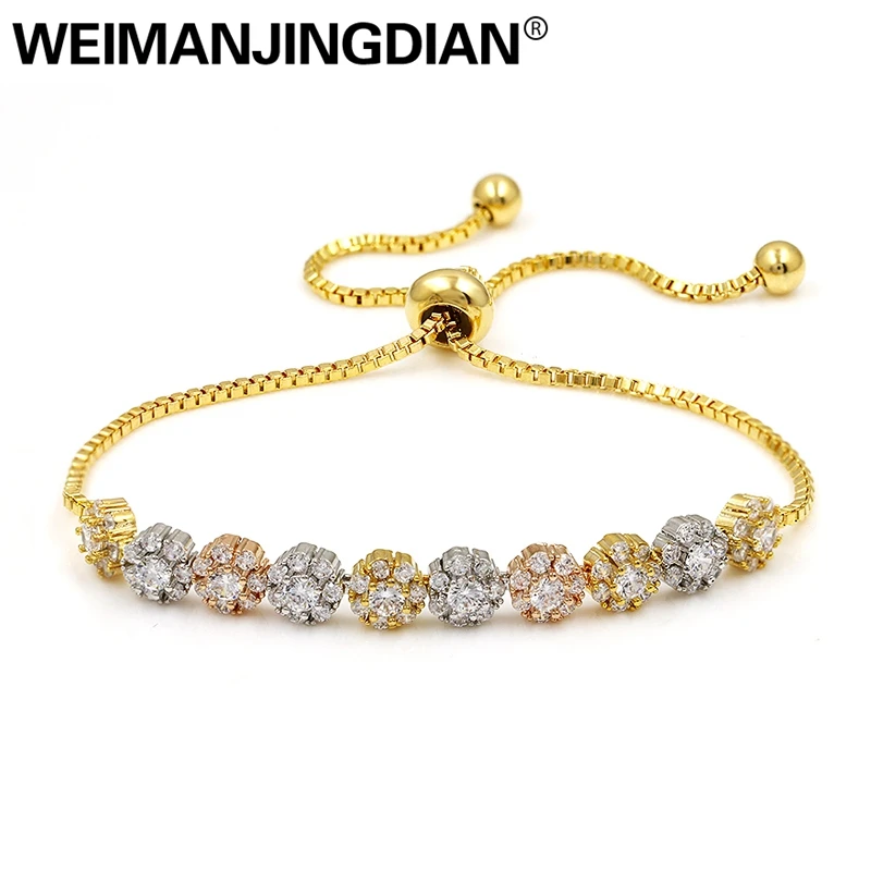 

3 Colors Fitted Together Flower Design Cubic Zirconia Crystal Adjustable Zircon CZ Drawstring Strand Bracelets for Women