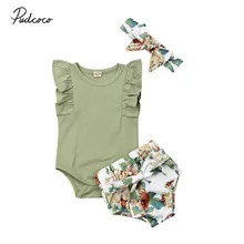 Коллекция года, брендовая одежда для новорожденных девочек Комбинезон с оборками и рукавами, однотонные Топы с бантом, шорты с цветочным рисунком, комплект из 3 предметов, милый детский комплект