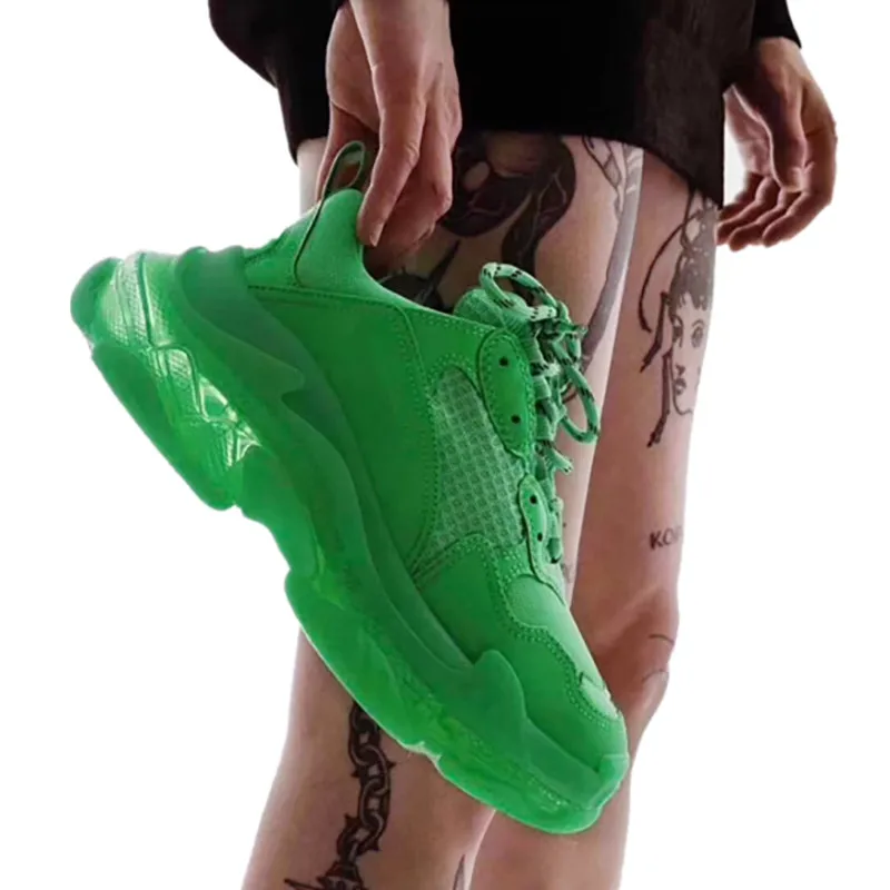 

Green High Platform Men Sneakers Triple S Travel Shoes Man Lace Up Creepers Clear Rubber Sole Runway Tenis Feminino Trainers