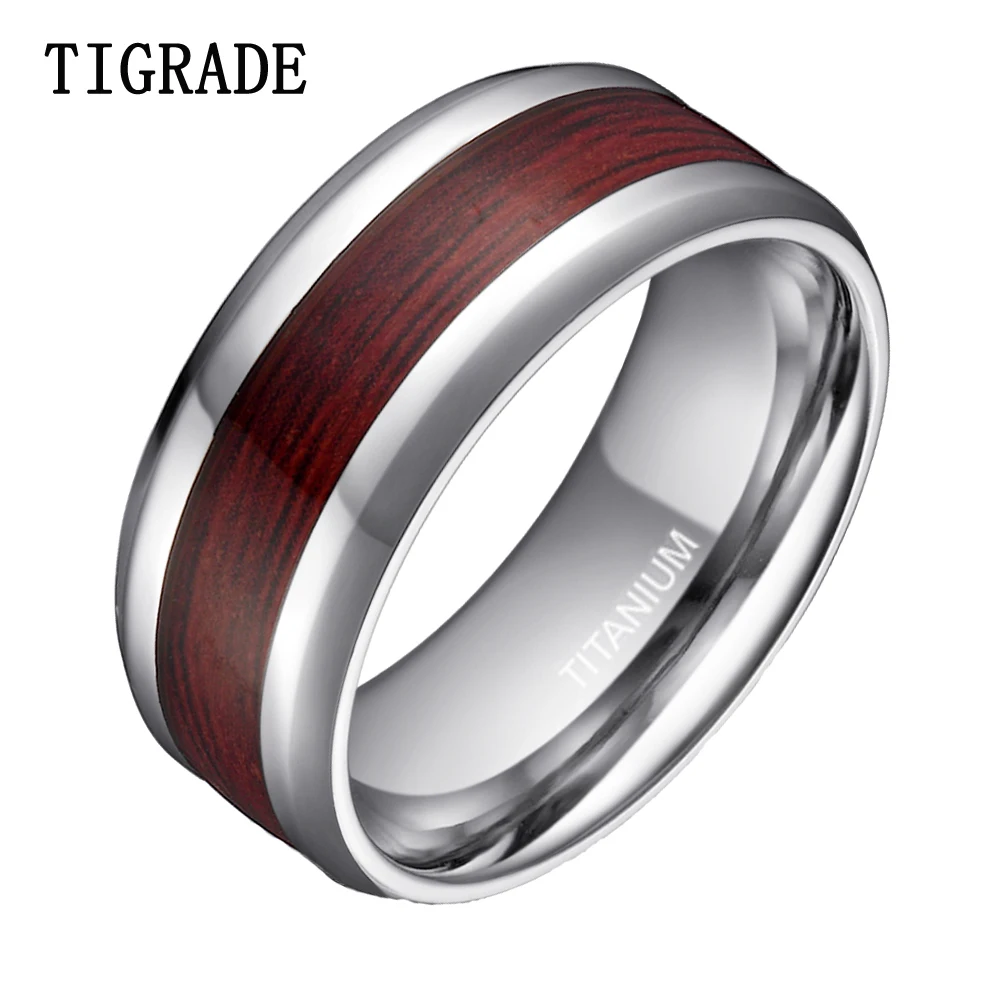 

Luxury 8mm High Polished Silver Edges Titanium Ring Men Women Wood Inlay Fashion Jewelry Male Wedding Rings Engagement Band