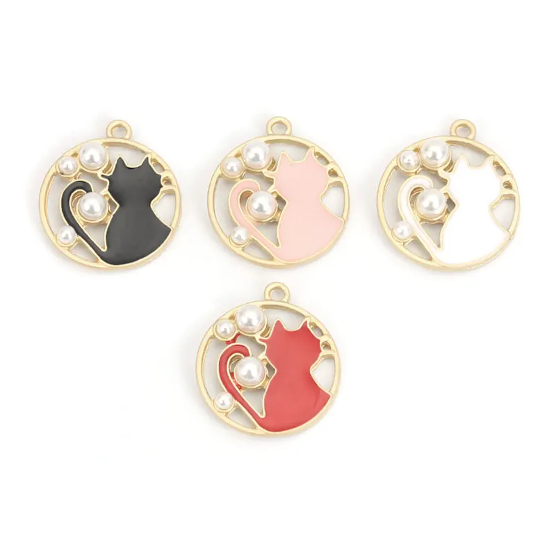 

DoreenBeads 2019 Fashion Zinc Based Alloy & Acrylic Charms Round Matt Gold Black Enamel Cat Imitation Pearl 23mm x 20mm, 5 PCs