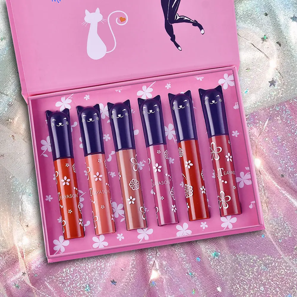 6pcs/set Matte Lip Gloss Cute Cat Shaped Lipstick Set Not Fade Waterproof Lip Gloss Nude Velvet Lips Sexy Lip Glaze Cosmetic