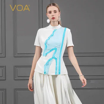 

VOA Silk T Shirt White Basic Women Large Size Summer Short Sleeve B733