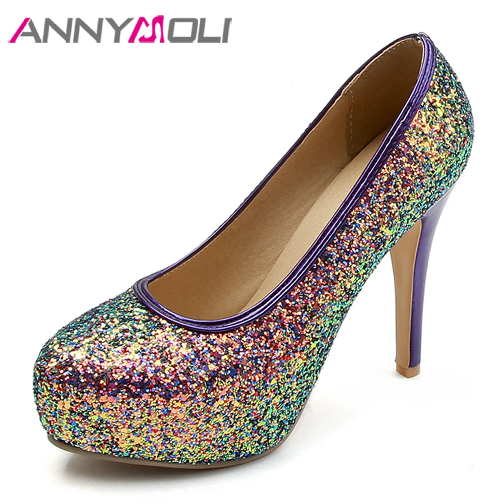 

ANNYMOLI Women Pumps High Heels Bling Platform Stiletto High Heels Shoes Sexy Round Toe Party Shoes Spring Green Plus Size 33-46