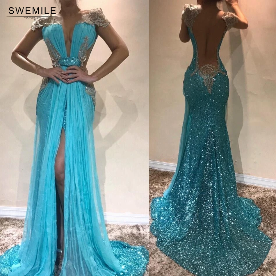 

Vestidos De Gala Sexy Backless Empire Long Prom Dresses 2019 Charming Cap Sleeve Mermaid Prom Gown Split Evening Party Dresses