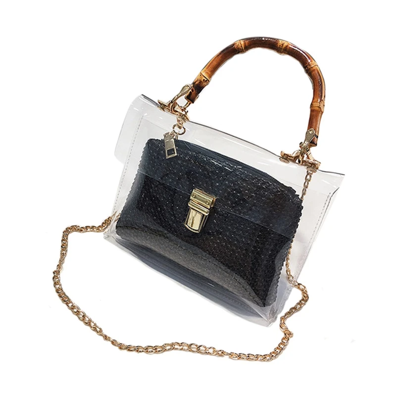 

Transparent Bag For Women Handbag With Bamboo Handle Summer Small Chain Crossbody Bags Ladies Straw Beach Bags(Black)