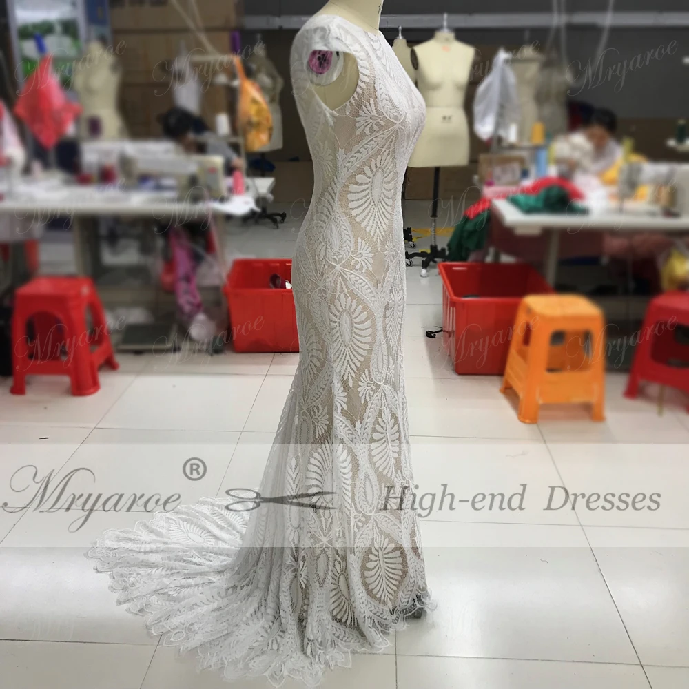 Mryarce Unique Lace Bohemian Wedding Dress With Cap Sleeves Open Back Mermaid Boho Bridal Gowns  (5)