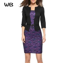 2017 New Womens Elegant Faux Twinset Belted Dots Tartan Floral Lace Patchwork Wear to Work Business Pencil Sheath Bodycon Dress