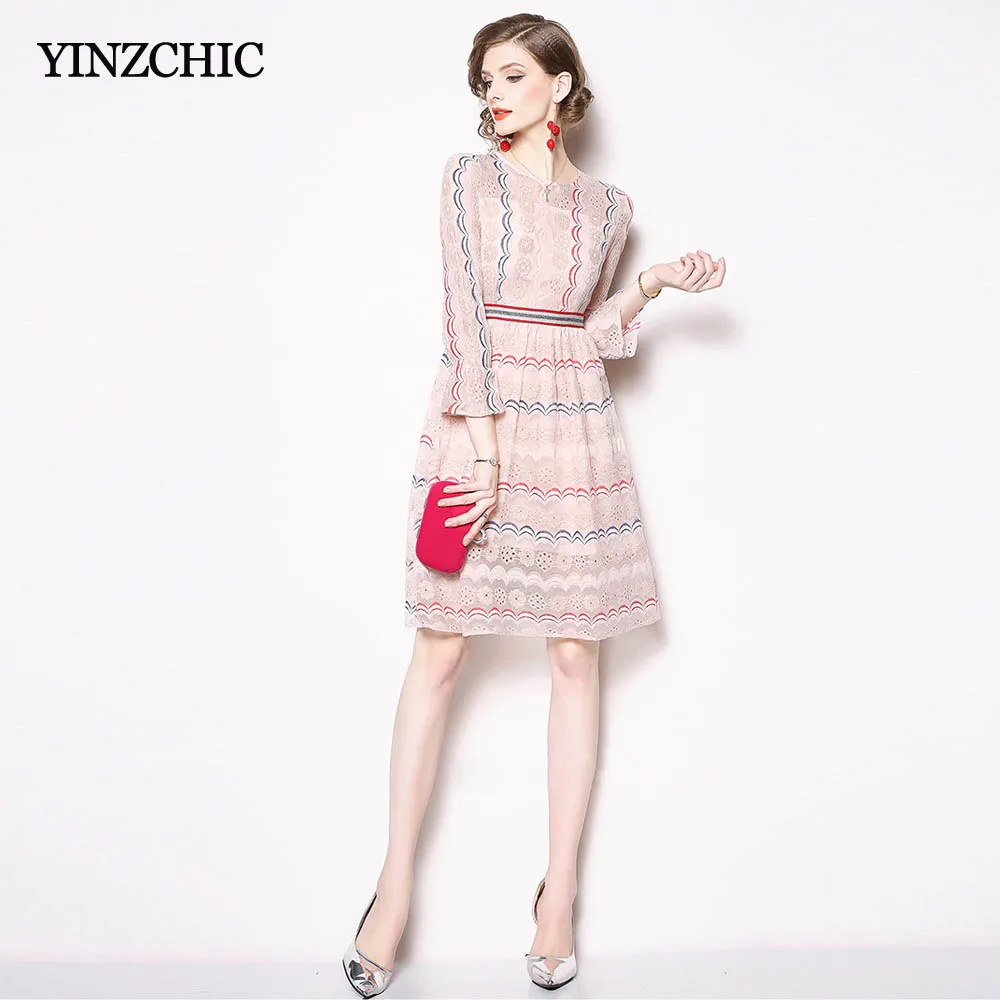 

Spring New Womans Lace Dress O-neck Female Casual Mid Dresses Waves Printed Ladies A-line Dresses Knee-length Summer Dress Woman