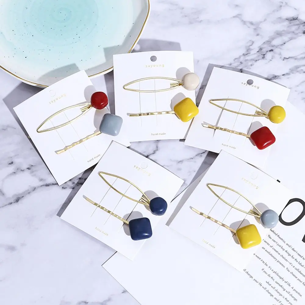 

2Pcs/set Fashion Hit Color Hair Clips Hairpins Resin Metal Geometric Round Square Barrettes For Women Girls Hair Accessories