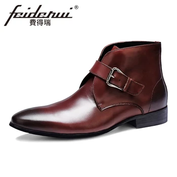 

Plus Size Italian Designer Genuine Leather Men's Ankle Boots Pointed Toe Buckle Handmade Cowboy Formal Dress Shoes For Man ASD61