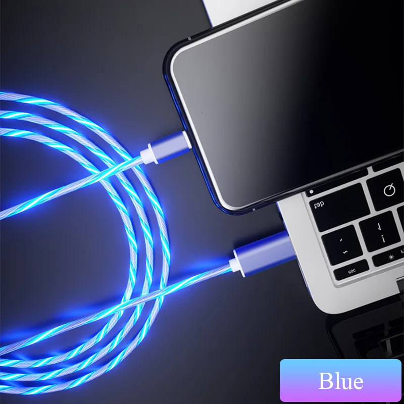 Flowing LED Glow Data USB Cable Charger Type C/Micro USB/8 Pin Charging Cable for iPhone X Samsung Galaxy S9 S8 Charge Wire Cord - Тип штекера: Blue