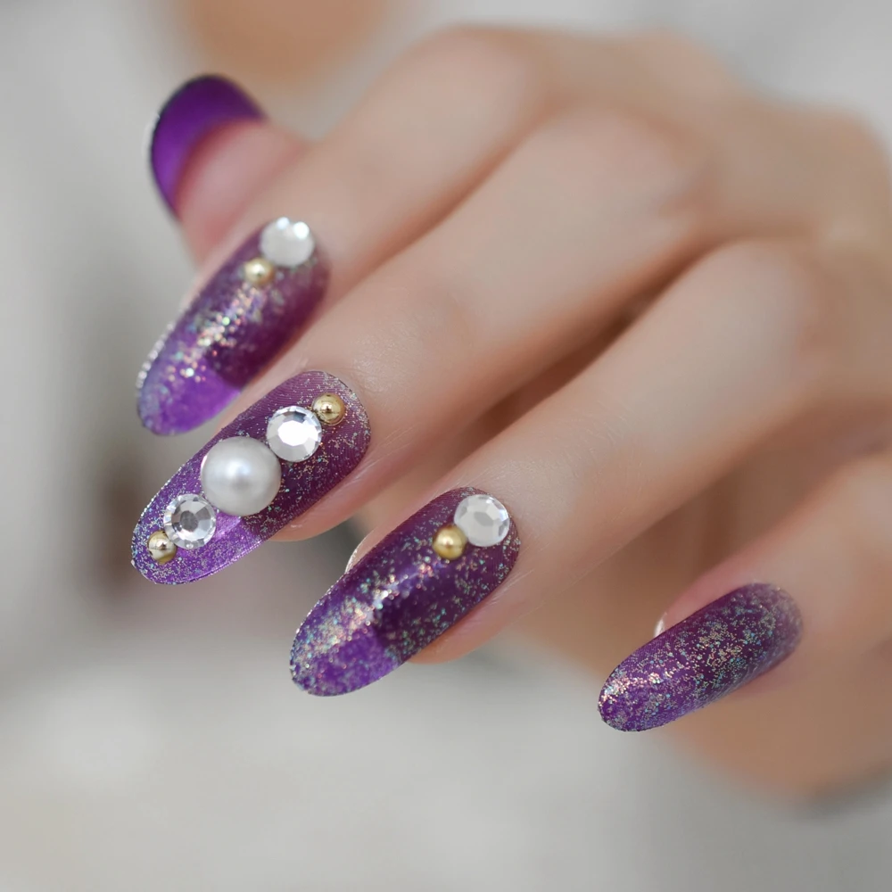 Glitter Oval Long Nail Jewelry Pearl Decorations Purple Designed ...