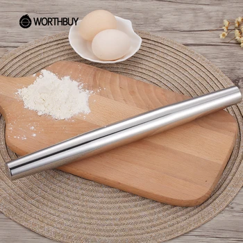 

WORTHBUY 304 Stainless Steel Rolling Pin Fondant Cake Baking Tools Hollow Sliver Non Stick Pizza Cake Roller